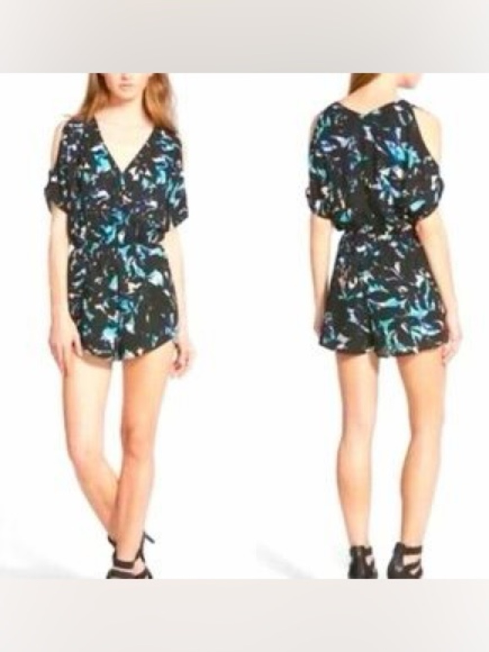 ASTR Black Multicolor Floral Cold Shoulder Romper Women’s Small V-Neck